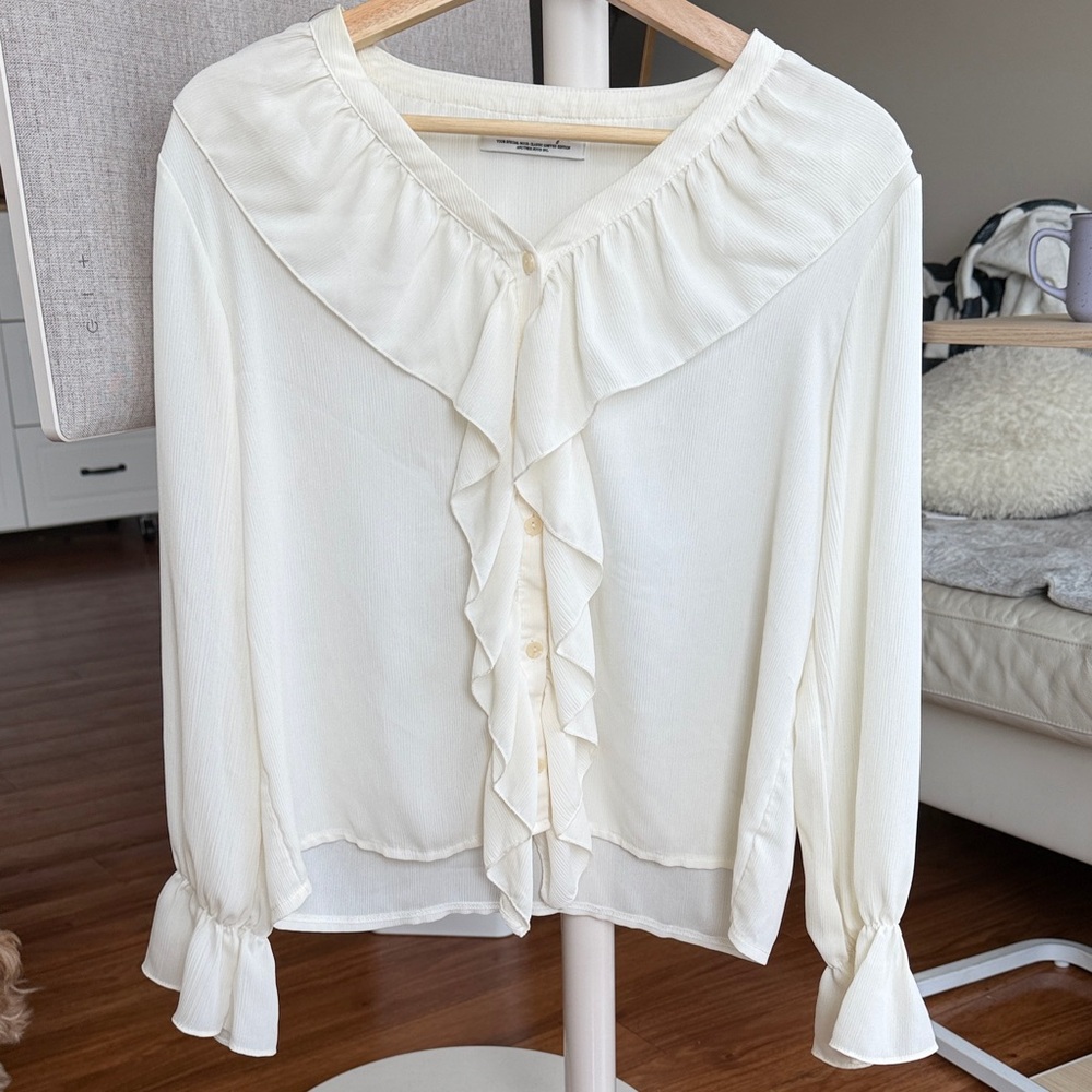 Women's Cream Ruffle Front Blouse